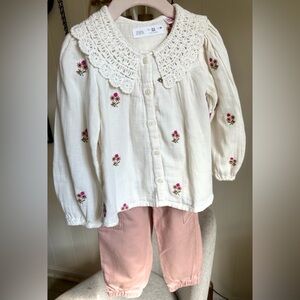Floral Embroidered White Kids Shirt with pants